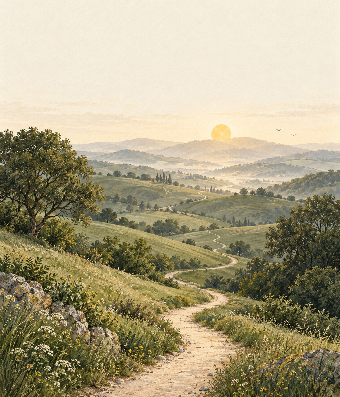 A winding path through softly lit green hills towards the morning sun, in a detailed painted illustration.